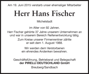 Traueranzeige von Hans Fischer von Odenwälder Echo