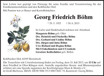 Traueranzeige von Georg Friedrich Böhm von Echo-Zeitungen (Gesamtausgabe)
