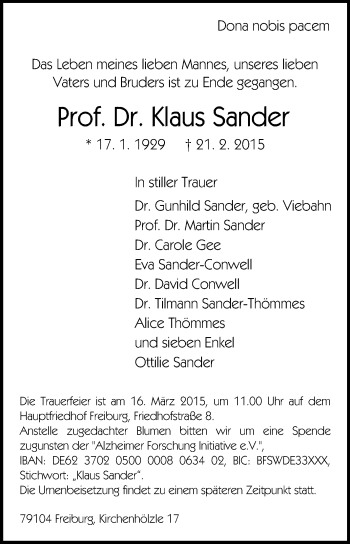 Traueranzeige von Klaus Sander von Echo-Zeitungen (Gesamtausgabe)