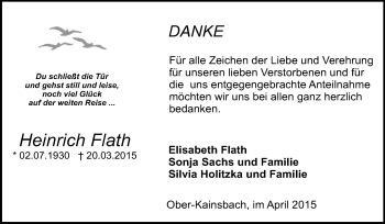 Traueranzeige von Heinrich Flath von Odenwälder Echo