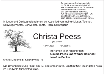 Traueranzeige von Christa Peess von trauer.echo-online.de