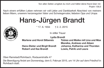 Traueranzeige von Hans-Jürgen Brandt von Echo-Zeitungen (Gesamtausgabe)