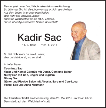 Traueranzeige von Kadir Sac von Echo-Zeitungen (Gesamtausgabe)