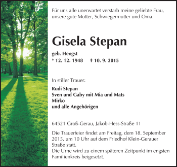 Traueranzeige von Gisela Stepan von trauer.echo-online.de
