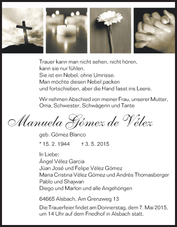 Traueranzeige von Manuela Gomes de Velez von Echo-Zeitungen (Gesamtausgabe)