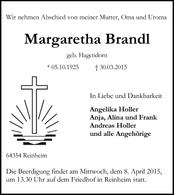 Traueranzeige von Margaretha Brandl von Darmstädter Echo, Odenwälder Echo, Rüsselsheimer Echo, Groß-Gerauer-Echo, Ried Echo