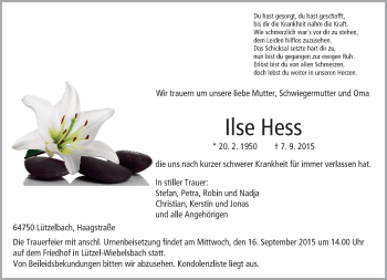 Traueranzeige von Ilse Hess von trauer.echo-online.de