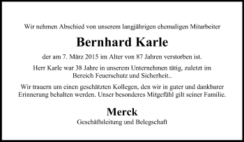 Traueranzeige von Bernhard Karle von Echo-Zeitungen (Gesamtausgabe)