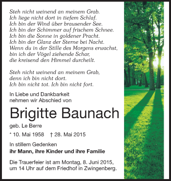 Traueranzeige von Brigitte Baunach von Rüsselsheimer Echo, Groß-Gerauer-Echo, Ried Echo