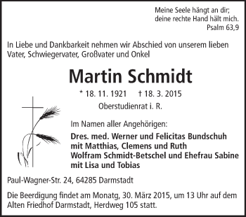 Traueranzeige von Martin Schmidt von Darmstädter Echo, Odenwälder Echo, Rüsselsheimer Echo, Groß-Gerauer-Echo, Ried Echo