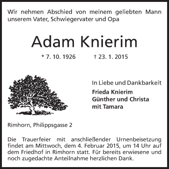 Traueranzeige von Adam Knierim von Odenwälder Echo