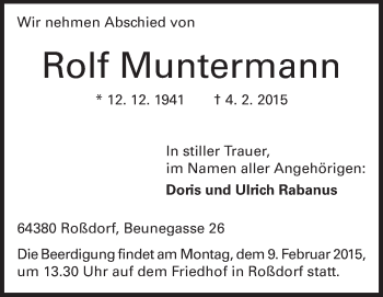 Traueranzeige von Rolf Muntermann von Echo-Zeitungen (Gesamtausgabe)