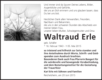 Traueranzeige von Waltraud Erle von Odenwälder Echo