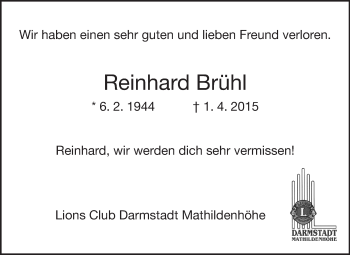 Traueranzeige von Reinhard Brühl von Echo-Zeitungen (Gesamtausgabe)
