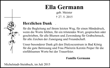 Traueranzeige von Ella Germann von Odenwälder Echo