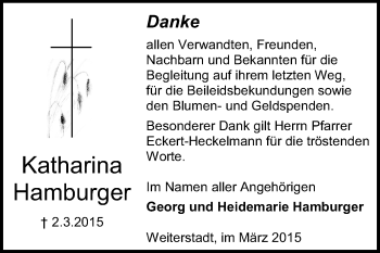 Traueranzeige von Katharina Hamburger von Echo-Zeitungen (Gesamtausgabe)