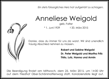 Traueranzeige von Anneliese Weigold von Starkenburger Echo