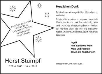Traueranzeige von Horst Stumpf von Rüsselsheimer Echo, Groß-Gerauer-Echo, Ried Echo