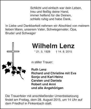Traueranzeige von Wilhelm Lenz von trauer.echo-online.de