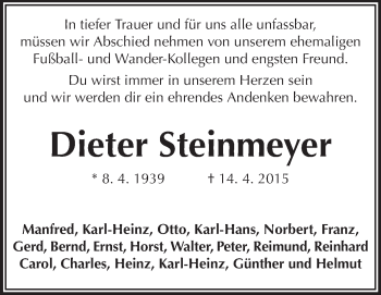 Traueranzeige von Dieter Steinmeyer von Echo-Zeitungen (Gesamtausgabe)