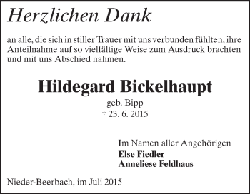 Traueranzeige von Hildegard Bickelhaupt von Echo-Zeitungen (Gesamtausgabe)