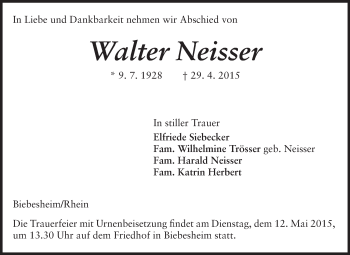 Traueranzeige von Walter Neisser von Echo-Zeitungen (Gesamtausgabe)