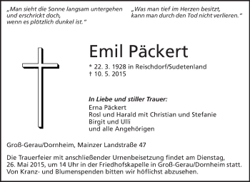 Traueranzeige von Emil Päckert von Rüsselsheimer Echo, Groß-Gerauer-Echo, Ried Echo