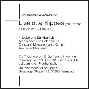 Traueranzeige von Liselotte Kippes von Echo-Zeitungen (Gesamtausgabe)