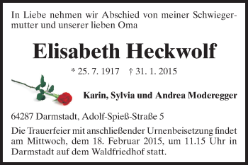 Traueranzeige von Elisabeth Heckwolf von Echo-Zeitungen (Gesamtausgabe)