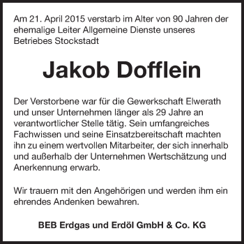 Traueranzeige von Jakob Dofflein von Echo-Zeitungen (Gesamtausgabe)