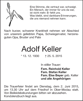 Traueranzeige von Adolf Keller von Echo-Zeitungen (Gesamtausgabe)