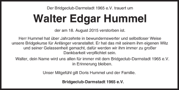 Traueranzeige von Walter Edgar Hummel von Darmstädter Echo