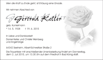 Traueranzeige von Gertrud Keller von Odenwälder Echo