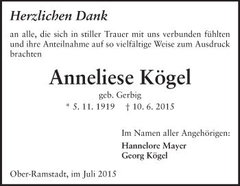 Traueranzeige von Anneliese Kögel von Echo-Zeitungen (Gesamtausgabe)