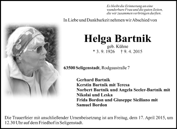 Traueranzeige von Helga Bartnik von Echo-Zeitungen (Gesamtausgabe)