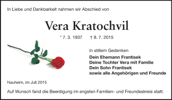 Traueranzeige von Vera Kratochvil von Rüsselsheimer Echo, Groß-Gerauer-Echo, Ried Echo