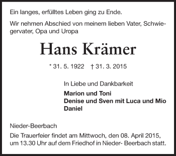 Traueranzeige von Hans Krämer von Echo-Zeitungen (Gesamtausgabe)