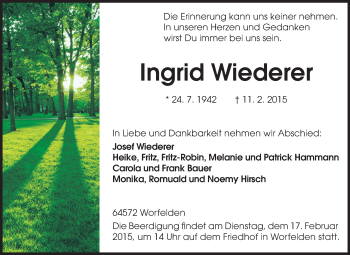 Traueranzeige von Ingrid Wiederer von Rüsselsheimer Echo, Groß-Gerauer-Echo, Ried Echo