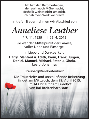 Traueranzeige von Manfred Leuther von Odenwälder Echo