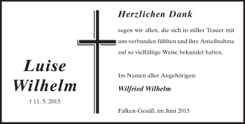 Traueranzeige von Luise Wilhelm von Odenwälder Echo