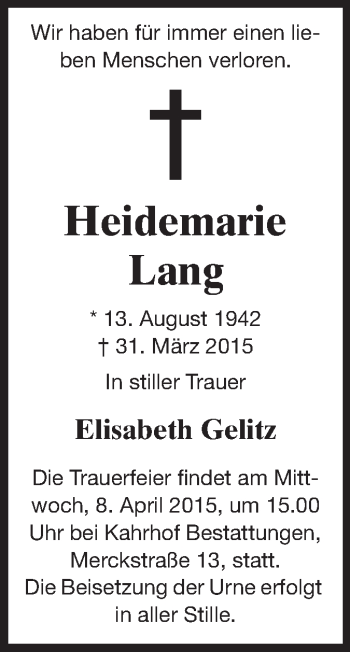 Traueranzeige von Heidemarie Lang von Echo-Zeitungen (Gesamtausgabe)