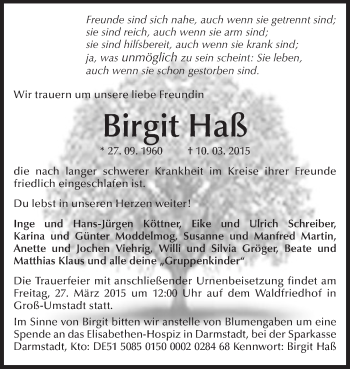 Traueranzeige von Birgit Haß von Echo-Zeitungen (Gesamtausgabe)