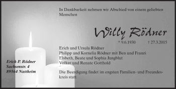 Traueranzeige von Willy Rödner von Rüsselsheimer Echo, Groß-Gerauer-Echo, Ried Echo