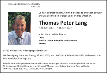 Traueranzeige von Thomas Peter Lang von Odenwälder Echo