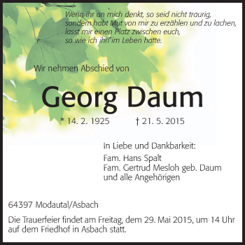 Traueranzeige von Georg Daum von Echo-Zeitungen (Gesamtausgabe)
