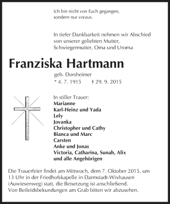 Traueranzeige von Franziska Hartmann von trauer.echo-online.de