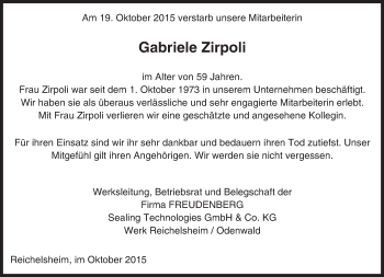 Traueranzeige von Gabriele Zirpoli von trauer.echo-online.de