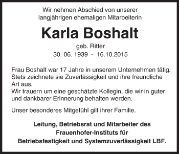 Traueranzeige von Karla Boshalt von trauer.echo-online.de