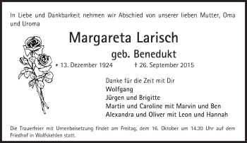 Traueranzeige von Margareta Larisch von trauer.echo-online.de