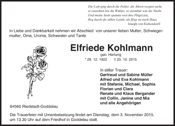 Traueranzeige von Elfriede Kohlmann von trauer.echo-online.de